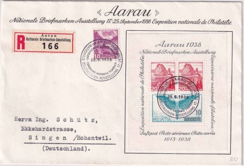 Schweiz - Aarau 1938 Blockausgabe ua. Schmuckumschlag/Einschreibebrief n. Singen