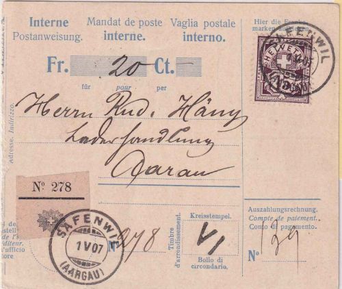 Schweiz - 15 Rp. Wappen Interne Postanweisung Safenwil - Aarau 1907