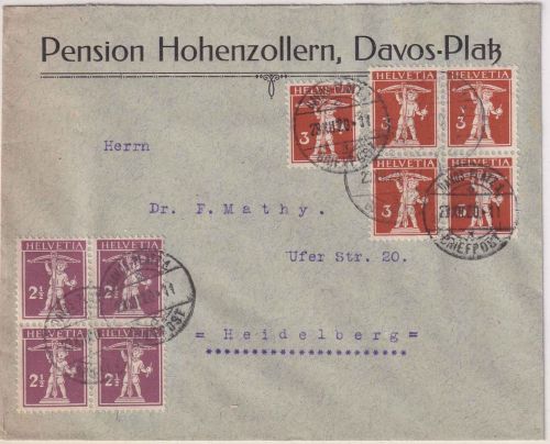 Schweiz - 5x3+4x2 1/2 Rp. Tellknabe Brief Davos Platz - Heidelberg 1920