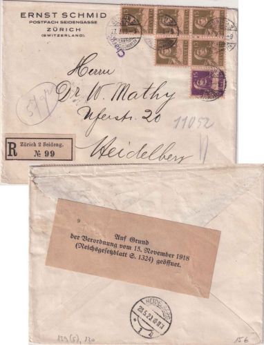 Schweiz - 5x13+15 Rp. Tell Einschreibebrief Zürich - Heidelberg 1920 Zensur