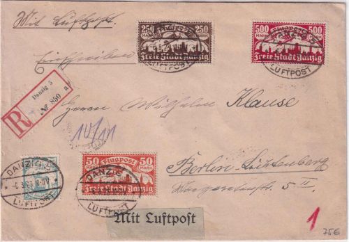 Danzig - 500 M. Flugpostausgabe ua. Lupo-Einschreibebrief Danzig - Berlin 6.8.23