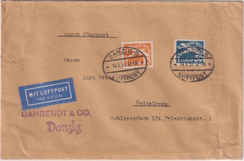 Danzig - 50+15 Pfg. Flugpostausgabe Luftpostbrief Danzig 5 - Heidelberg 1937