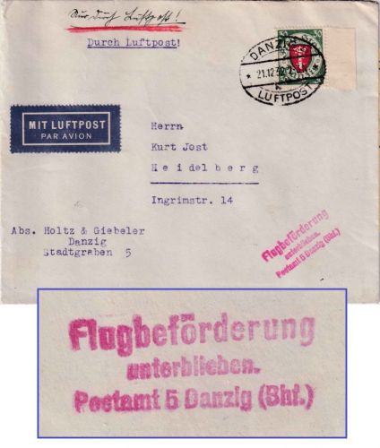 Danzig - 30 Pfg. Wappen/Randstück Luftpostbrief Danzig 5 1932 Hinweisstempel !