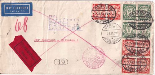 Danzig - 6x5+4x10 Pfg. Wappen Luftpost-Eilbrief Danzig 5 - Berlin 1931
