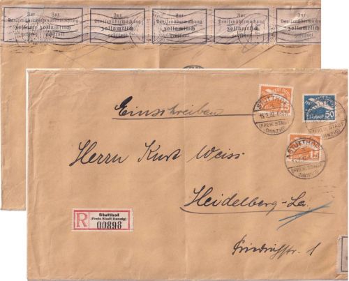 Danzig - 50+2x15 Pfg. Flugpostausgabe Einschreibebrief Stutthof Heidelberg 1937