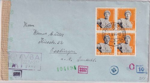 Schweiz - 10 Rp. 50 J. Olympische Spiele 4er-Block Brief Zürich 1944 OKW-Zensur