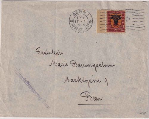 Schweiz - 10 Rp. Juventute/Wappen 1918 Randstück Ortsbrief Bern 1919