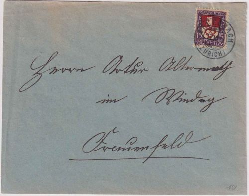 Schweiz - 15 Rp. Juventute/Wappen 1919 Brief Erlenbach - Fraunfeld 1920