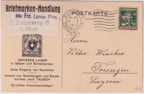 Schweiz - 5 Rp. Juventute/Trachten 1916 illustr. Firmenkarte Zürich Tringen 1917