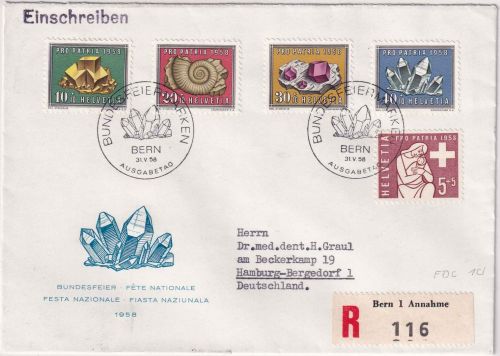 Schweiz - Pro Patria 1958 Mineralien/Versteinerungen Schmuck-FDC ESST Bern