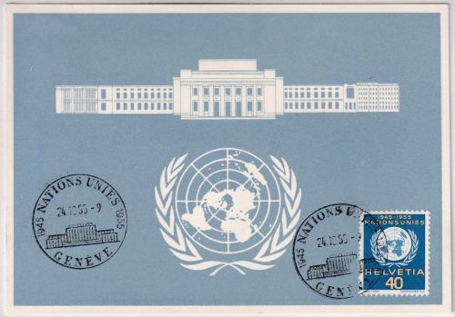 Schweiz/UNO - 40 Rp. 10 Jahre Vereinte Nationen Schmuckkarte/FDC Genf 24.10.55