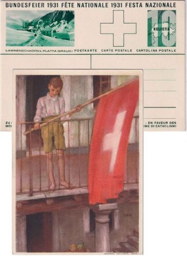 Schweiz - Bundesfeier 1931 Bildganzsache (Lawinenschaden Platta) ungebraucht