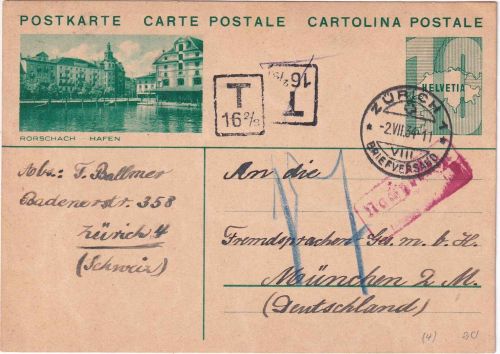 Schweiz - 10 Rp. Bildganzsache Zürich - München 1934 Nachporto
