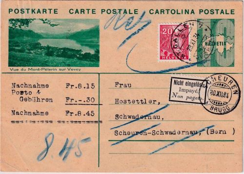 Schweiz - 10 Rp. Bildganzsache+Zusatz Nachnahmekarte St. Gallen 1934 Retour
