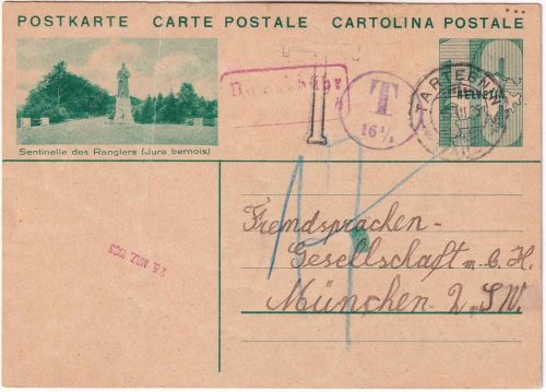 Schweiz - 10 Rp. Bildganzsache Tartegnin - München 1935 Nachporto