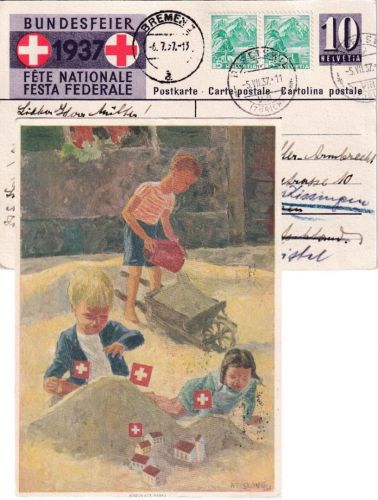 Schweiz - Bundesfeier 1937 10 Rp. Ganzsache+Zusatz Bäretswil - Bremen 1937