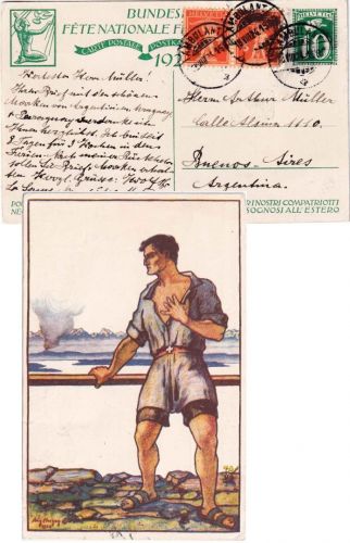 Schweiz - Bundesfeier 10 Rp. Sonderganzsache+Zusatz n. ARGENTINIEN Ambulant 1924