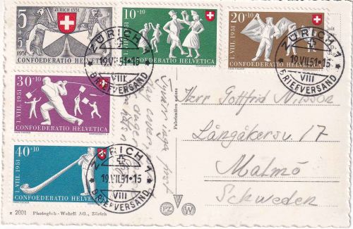 Schweiz - Pro Patria 1951 Satz Karte n. SCHWEDEN Zürich - Malmö 1951