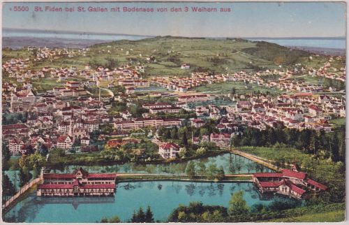 Schweiz - St. Fiden b. St. Gallen Vogelperspektive farb. AK gelaufen 1914