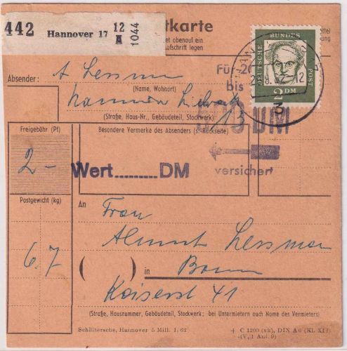 BRD - 2 M. Bed. Deutsche Wertpaketkarte Hannover 17 - Bonn 1962