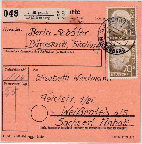 BRD - 70 Pfg. Heuss I senkr. Paar Paketkarte Bürgstadt ü. Miltenberg 1954