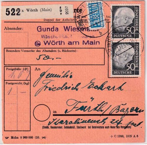 BRD - 50 Pfg. Heuss I senkr. Paar Paketkarte Wörth - Fürth 1954