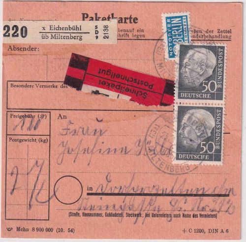 BRD - 50 Pfg Heuss I senkr. Paar Schnellpaketkarte Eichenbühl ü. Miltenberg 1954