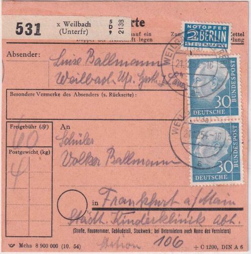 BRD - 30 Pfg Heuss I senkr. Paar Paketkarte Weilbach - Frankfurt a/M. 1954