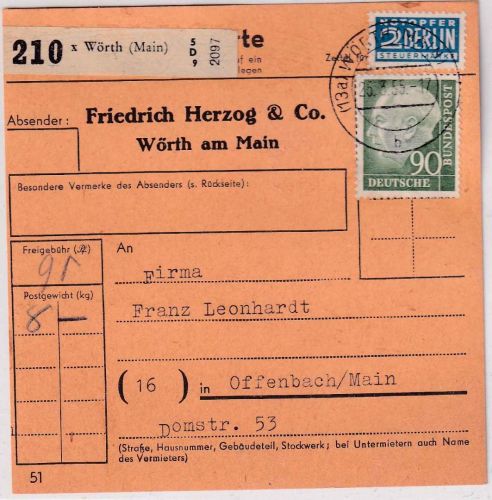 BRD - 90 Pfg. Heuss I + NO Paketkarte Wörth (Main) - Offenbach a/M. 1955