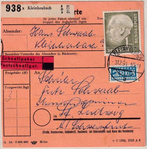 BRD - 1 DM Heuss Schnellpaketkarte Kleinheubach - St. Ludwig b. Schweinfurt 1954