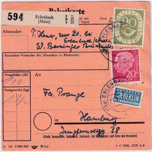 BRD - 90+20 Pfg. Posthorn/Heuss Paketkarte Erlenbach - Hamburg 1954