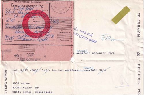 DDR - Einzahlungsmeldung Telegraphische Postanweisung Bad Salzungen 1990 RR!
