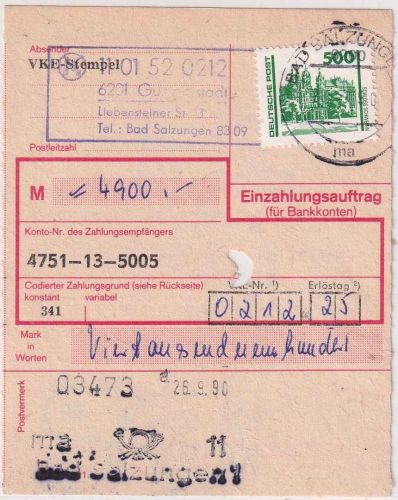 DDR/VGO - 500 Pfg. Bauwerke Einzahlungsmeldung Bad Salzungen 25.9.90