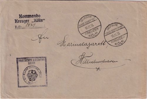 DR - Dt. Marine-Schiffspost Kreuzer Köln 16.11.30 Dienstbrief n. Wilhelmshaven