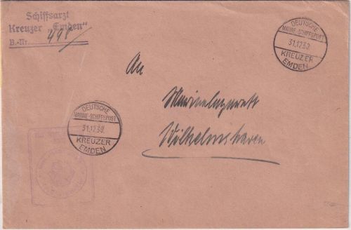 DR - Dt. Marine-Schiffspost Kreuzer Emden 31.12.30 Dienstbrief n. Wilhelmshaven
