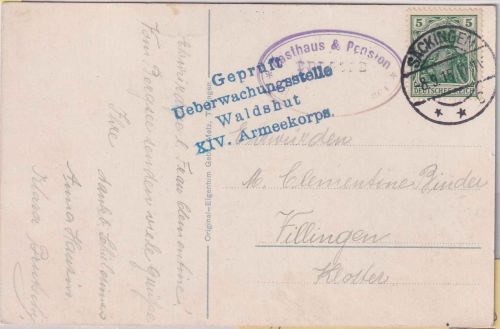 DR - Geprüft Überwachungsstelle Waldshut XIV. AK Zensur-L4 Karte Säckingen 1915