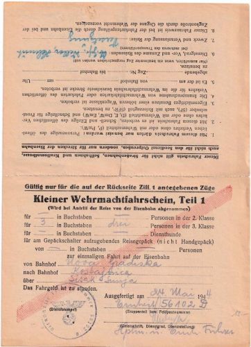 DR - Fp.Nr. 56102D (Kosaken !!) Wehrmachtsfahrschein Kroatien 24. Mai 1944