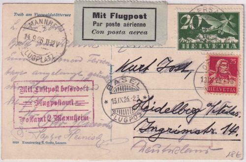 Schweiz - Oersau 1926 Luftpostkarte ü. Basel - Mannheim n. Heidelberg