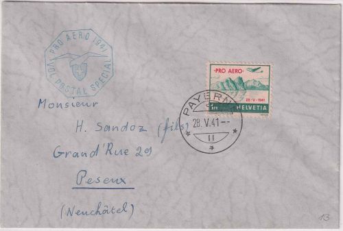 Schweiz - 1 Fr. Flugpost/Überdruck Pro Aero Sonderflugbrief Payerne 28.5.41
