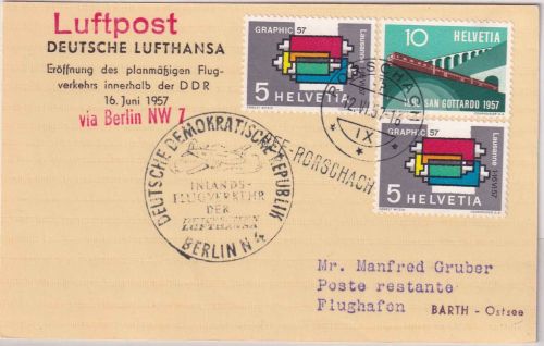 Schweiz - DDR-LH Erstflug Berlin Barth Zuleitungspost Bodensee Schiffspost 1957