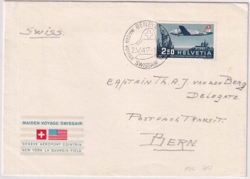 Schweiz - 2,50 Fr. Luftpostmarke SWISSAIR Erstflug Genf - New York 2.5.47