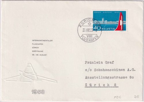 Schweiz - 40 Rp. Flughafen Zürich-Kloten Schmuck-FDC Zürich 58 - 29.8.53