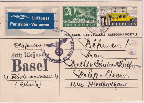 Schweiz - 10 Rp. Ganzsache + Zusatz Luftpostkarte n. B&M Basel Prag 1940 Zensur