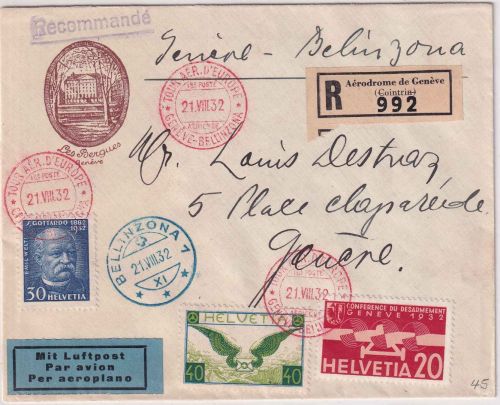 Schweiz - Europarundflug Genf/Bellinzona/Genf 21.7.32 Lupo-Einschreibebrief