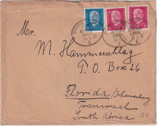 DR - 2x15+25 Pfg. Hindenburg Brief n. TRANSVAAL Dt. Seepost Ostafrika-Linie 1932
