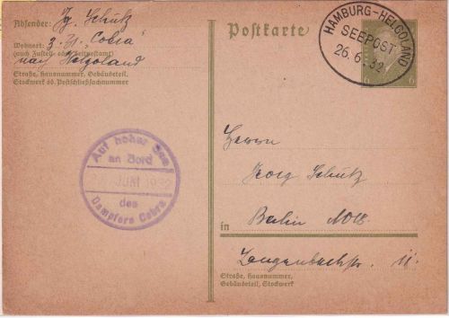 DR - Hamburg Helgoland Seepost "Dampfer Cobra" 6 Pfg. Ganzsache n. Berlin