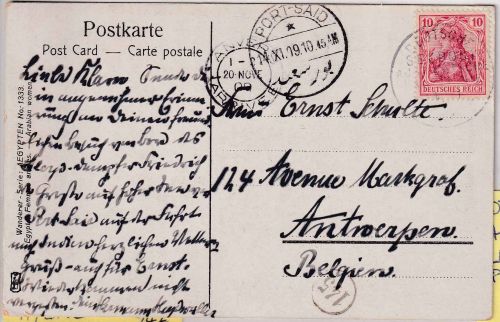 DR - Deutsche Seepost Australische Hauptlinie Karte n. BELGIEN Port Said 1909