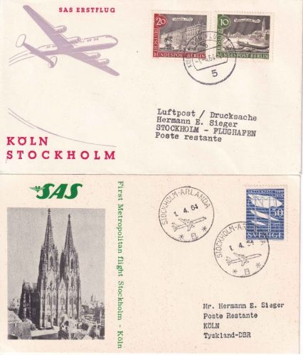 Schweden/BRD - SAS Erstflug Stockholm - Köln Hin- u. Rückflug 1.4.65 2 Belege