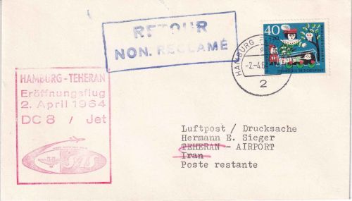 BRD/Iran - SAS Erstflug Hamburg - Teheran 2.4.64 Retourvermerk