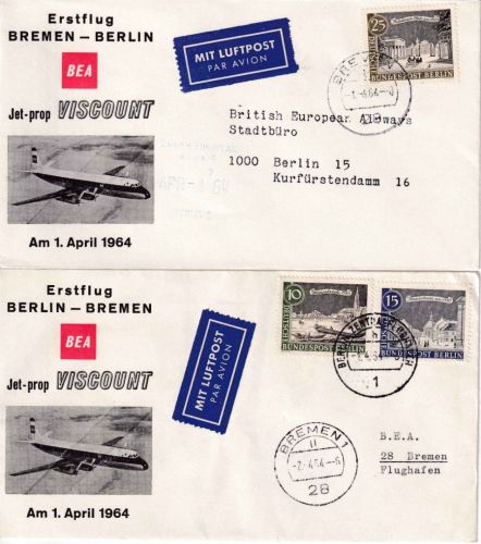 BRD - British European Airways BEA Erstflug Berlin - Bremen u. retour 1.4.64